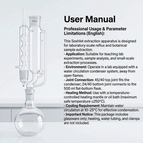 Soxhlet Extraction Set 500ml 45 To 40 And 24 To 40 Lab Glassware Must Have For Botanical Extraction, Reflux And Chemistry Experiments, Borosilicate Glass With Allihn Condenser And Solid Liquid Extraction System shown in use manual.