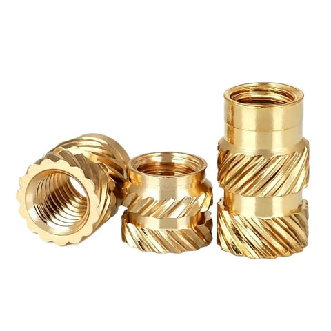 Straight Up Heavy Duty Brass Knurled Nuts 30 Piece Pack M2.5 Thread 3.5mm By 7.5mm showing multiple brass nuts with knurled designs.