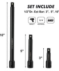 Half Inch Drive Deep Impact Socket Set Cr-V Steel Metric 10Mm To 24Mm With 3 Inch 5 Inch And 10 Inch Extension Bars For Auto Repair