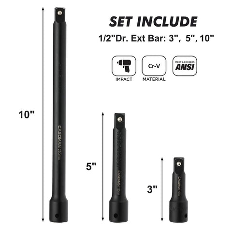 Half Inch Drive Deep Impact Socket Set Cr-V Steel Metric 10Mm To 24Mm With 3 Inch 5 Inch And 10 Inch Extension Bars For Auto Repair