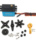 Beefy Digital Servo Featuring Rock Solid Metal Gears And Coreless Motor Waterproof Design Delivers Lightning Quick Response Plus 25 Kilogram Torque For 1 10 Scale Rcs Measuring 40 By 5mm Blue with accessories and connectors.