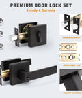Two Pack Keyed Entry Door Lever And Deadbolt Set With Reversible Left Or Right Handles Built Tough Heavy Duty Matte Black Vintage Design Keyed Alike Easy DIY Installation, shown with components and features labeled.