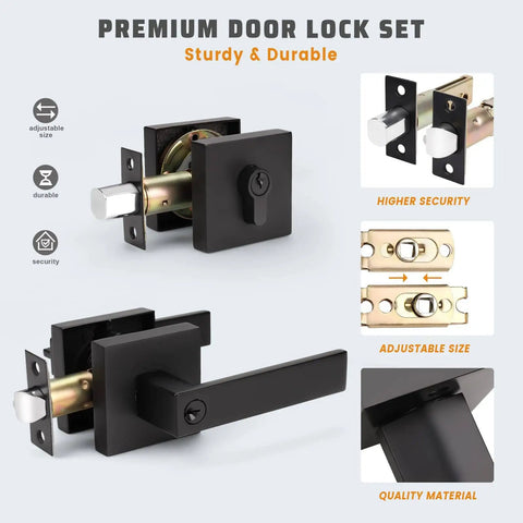 Two Pack Keyed Entry Door Lever And Deadbolt Set With Reversible Left Or Right Handles Built Tough Heavy Duty Matte Black Vintage Design Keyed Alike Easy DIY Installation, shown with components and features labeled.