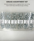 Huge 260 Piece Metric And Imperial Hydraulic Grease Fittings Kit For Cars And Heavy Duty Machinery With Straight And Angled Nipples To Fix Incompatibility Issues On Any Industrial Equipment., steel grease assortment kit in storage box with 1/4-28 and 1/8-27 fittings