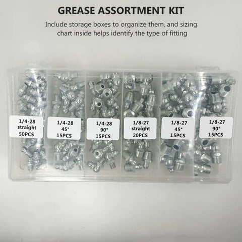 Huge 260 Piece Metric And Imperial Hydraulic Grease Fittings Kit For Cars And Heavy Duty Machinery With Straight And Angled Nipples To Fix Incompatibility Issues On Any Industrial Equipment., steel grease assortment kit in storage box with 1/4-28 and 1/8-27 fittings
