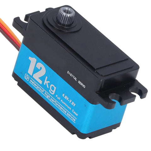 Heavy Duty Digital Servo Motor With 12kg Torque And 90 Degree Sweep Featuring All Steel Gears and splash resistant housing, close-up view.