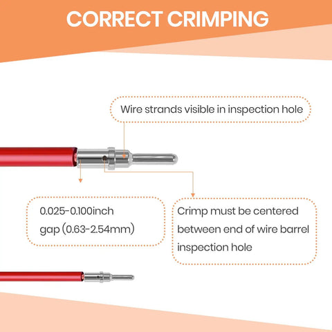 Diagram of correct crimping for Solid Pin Connector Kit for DTP DT DTM Series Connectors With Closed Barrel Contacts.