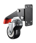 Heavy Duty Retractable Workbench Caster Wheels 2 Piece Set For Machinery Tables Shop Benches With Foot Pedal Leveler close-up of a caster wheel with a locking mechanism.