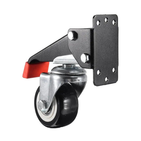 Heavy Duty Retractable Workbench Caster Wheels 2 Piece Set For Machinery Tables Shop Benches With Foot Pedal Leveler close-up of a caster wheel with a locking mechanism.