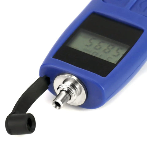 Two Pack Optical Power Meter With Universal 2.5mm Interface For Fiber Testing, -70 To +10 dBm Range, Six Calibration Wavelengths Including 850, 1300, 1310, 1490, 1550, 1625 Nanometers, Blue, close-up view of connector and display.