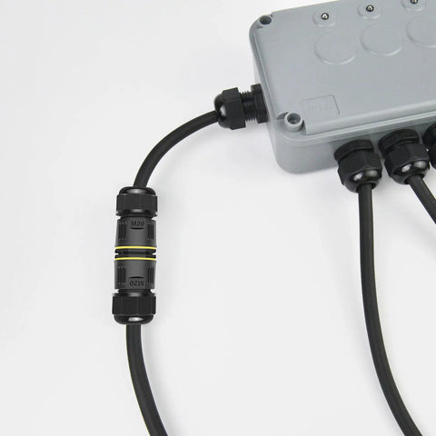 180 Pack Outdoor IP68 Waterproof Junction Box with 3 Pin Wire Connectors and adjustable wire opening; shown connected with cables.