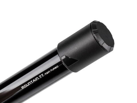 Close-up of Mountain TT Twin Turbo Bike Pump's nozzle, shows durable black finish, designed for MTB and road riders.