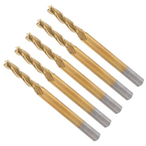 Five tungsten steel end mills with gold coating and silver shanks, 3-flute CNC cutting tools