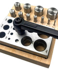 11 Piece Disc Cutter Set With Lever For Jewelry Making And Metalworking, Includes Round Punch Sizes 1/8 To 1 Inch, on wooden base