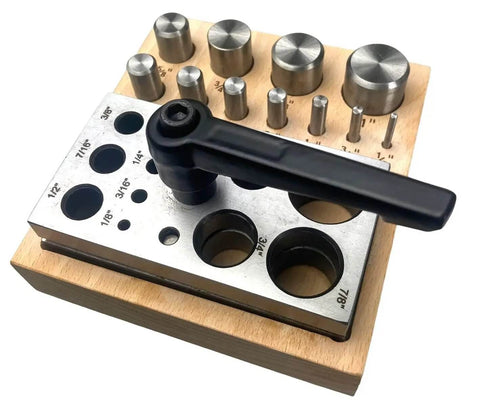 11 Piece Disc Cutter Set With Lever For Jewelry Making And Metalworking, Includes Round Punch Sizes 1/8 To 1 Inch, on wooden base