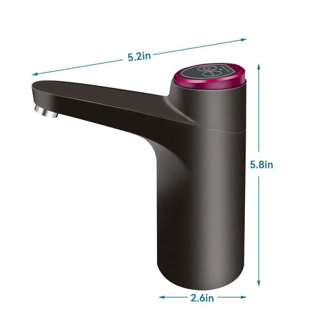 Black USB Rechargeable Water Dispenser Pump For 5 Gallon Bottles with 600ml pour button, showing dual-mode 2 button operation.