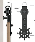 Close-up of wheel hanger kit from Helmsman 8 Ft Heavy Duty Wood Sliding Barn Door Hardware Kit For Double Doors Carbon Steel Wall Mounted Flat Track System With Wheel Hanger Kit Delivers Smooth Quiet Glide And Easy Installation, showing dimensions and steel construction.