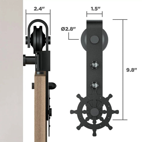 Close-up of wheel hanger kit from Helmsman 8 Ft Heavy Duty Wood Sliding Barn Door Hardware Kit For Double Doors Carbon Steel Wall Mounted Flat Track System With Wheel Hanger Kit Delivers Smooth Quiet Glide And Easy Installation, showing dimensions and steel construction.