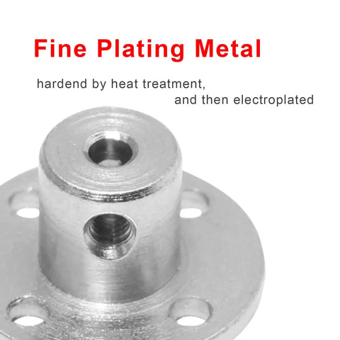 Close-up of 5mm flanged shaft coupler for RC motors, showing fine plating metal hardening and electroplating, text overlay included.
