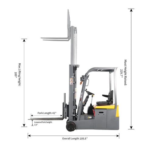 Super Reliable Electric Seated Forklift With 3300 Pound Capacity 3 Wheel Rear Drive showing dimensions and lifting height of 189 inches.