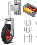 Spring Loaded Tube Gate Casters For Metal And Wooden Gates 4 Inch Rubber Tire Heavy Duty Caster Wheels With Hardware Adjustable Mounting Plate For Tube Gates Fence And Swing Gates 330 Lbs Load Capacity Two Pack image showing caster wheel, mounting brackets, bolts, and wrench.