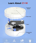 Smart Carbon Monoxide Detector With No Hassle Real Time App Alerts And 2.4 GHz Wi Fi For Home Travel And RV Portable Battery Powered CO Alarm UL 2034 5th Edition ETL Listed FCC Certified 85 dB Test Button exploded view showing internal components.