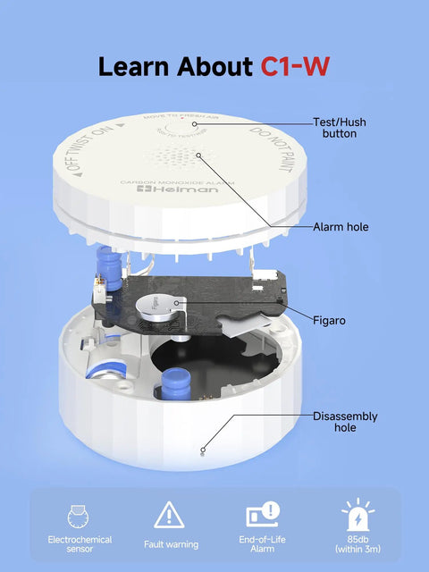 Smart Carbon Monoxide Detector With No Hassle Real Time App Alerts And 2.4 GHz Wi Fi For Home Travel And RV Portable Battery Powered CO Alarm UL 2034 5th Edition ETL Listed FCC Certified 85 dB Test Button exploded view showing internal components.