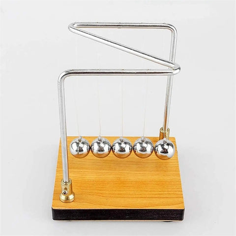 Hands On Newton Collision Ball Pendulum Lab Kit For Momentum And Kinetic Energy Conservation on wooden base with metal frame.