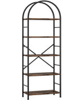 Arched Five Tier Bookshelf Tall Bookcase With Ample Storage For Books CDs And Office Essentials In Space Saving Modern Rustic Brown Finish