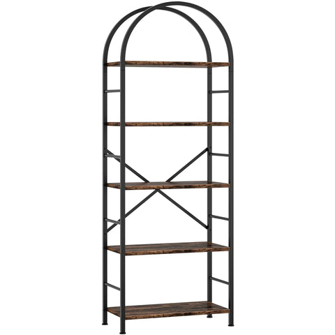 Arched Five Tier Bookshelf Tall Bookcase With Ample Storage For Books CDs And Office Essentials In Space Saving Modern Rustic Brown Finish