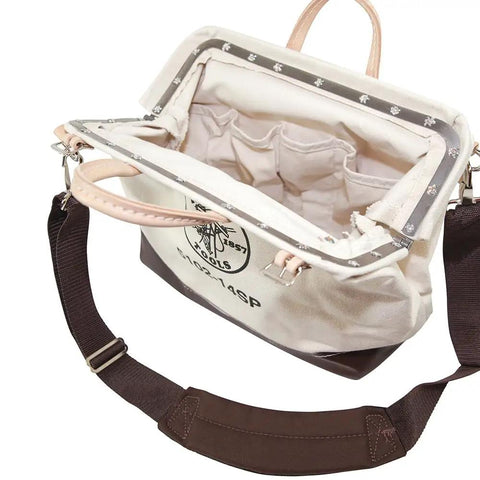 Tough As Nails 14 Inch Tool Bag With Detachable Shoulder Strap, open view showing 10 interior pockets and steel frame mouth