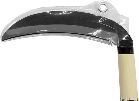 Grass Sickle Garden Tool 7.6 Inch Blade, Japanese Style Kama with carbon steel blade and wooden handle in close-up view.