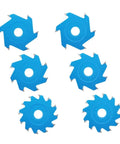 Heavy Duty Carbide Tipped Circular Saw Blade For Aluminum Composite Panels And Biscuit Joints With A Killer Sharp 6 8 Or 12 Tooth Edge For Smooth V Groove And U Channel Cuts At 95 Mm And 20mm Bore, six blue blades arranged.