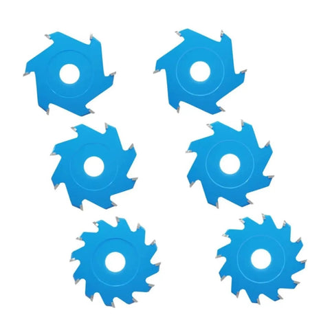 Heavy Duty Carbide Tipped Circular Saw Blade For Aluminum Composite Panels And Biscuit Joints With A Killer Sharp 6 8 Or 12 Tooth Edge For Smooth V Groove And U Channel Cuts At 95 Mm And 20mm Bore, six blue blades arranged.