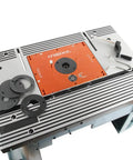 Killer Precision Router Lift System With 3.5 Inch Carriage For DeWalt Bosch Porter Cable Craftsman Tables showing mounting plate and accessories.