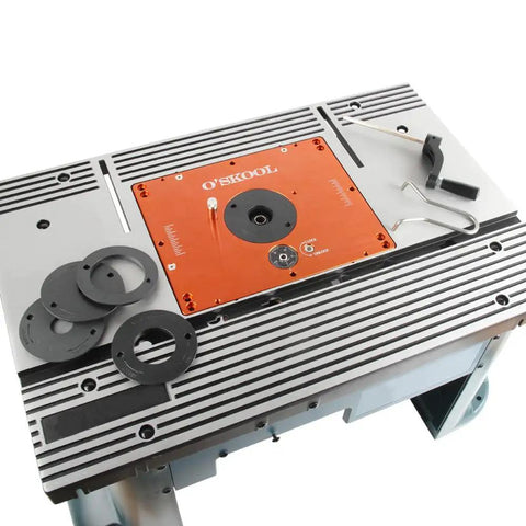 Killer Precision Router Lift System With 3.5 Inch Carriage For DeWalt Bosch Porter Cable Craftsman Tables showing mounting plate and accessories.