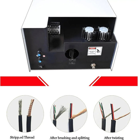 QUGURLID Automatic Wire Twisting And Stripping Machine High Speed Cable Cutting Tool showing cable preparation stages.