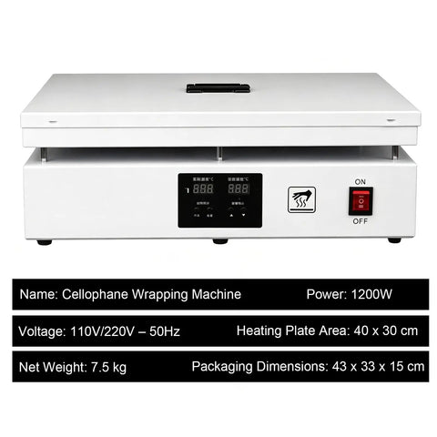 Desktop Cellophane Wrapping Machine With Large HeatingPlate For Tea Box Packaging Manual Heat Sealer with digital controls.