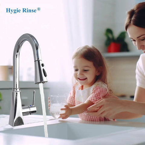 Universal Kitchen Faucet Head Replacement With Fifteen Adapter Kit, Chrome finish in kitchen setting, water streaming.
