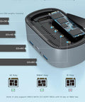 Close-up of Solid Game Changer 13 In 1 Usb C Docking Hub showing M.2 SSD slot sizes and compatibility for 22x30 to 22x80.