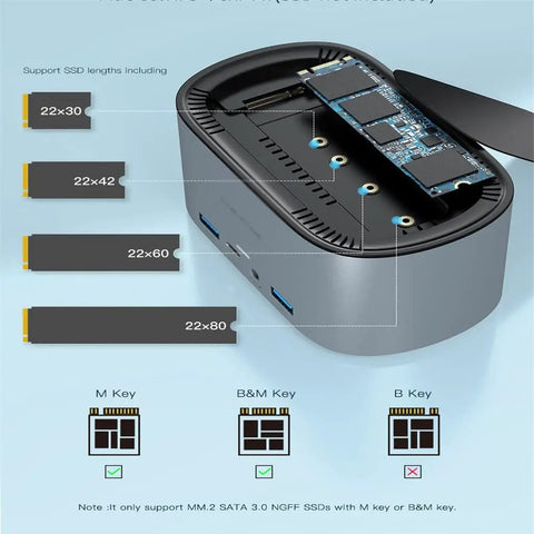 Close-up of Solid Game Changer 13 In 1 Usb C Docking Hub showing M.2 SSD slot sizes and compatibility for 22x30 to 22x80.