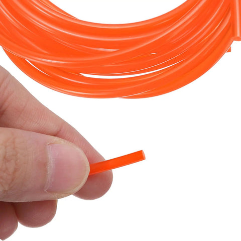 Close-up of a Round Polyurethane Belt 3mm Diameter, 10ft Length, Smooth Surface, shown in bright orange with a hand for scale.