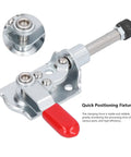 Close-up view of 2 Pack Push Pull Toggle Clamp with Fast Action Lever for Welding and Electronics Installation, galvanized iron body.