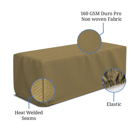 Rectangular Fire Pit Cover With Elastic Hem, 160 GSM Duro Pro Breathable Nonwoven Fabric, waterproof brown cover with features shown