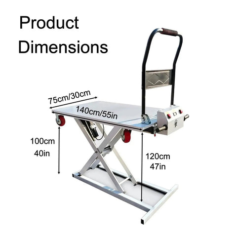 Heavy Duty Foldable Hydraulic Lift Table With 660 Lb Electric Scissor Cart dimensions shown in centimeters and inches.