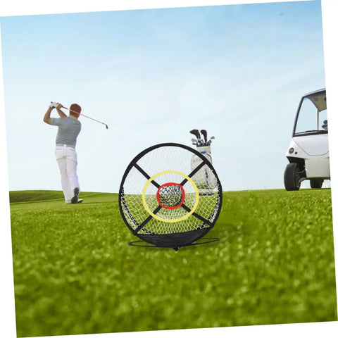 Dope Golf Chipping Net With Ball Return System And Hitting Mat set up on a golf course near a player and cart, showcasing outdoor use.