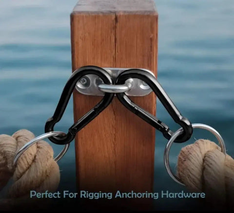 Heavy Duty Bushcraft Carabiner Snap Hooks in black zinc finish anchoring ropes on wooden beam, 90kg 200lb load, 5cm gate