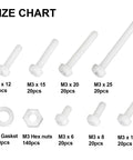 White Nylon Round Head Screw And Nut Bolt Assortment Kit Featuring Top Shelf Corrosion Resistant Fasteners size chart with various M3 screws and nuts.