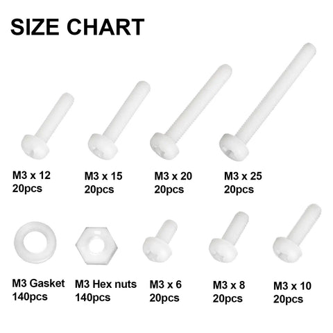White Nylon Round Head Screw And Nut Bolt Assortment Kit Featuring Top Shelf Corrosion Resistant Fasteners size chart with various M3 screws and nuts.