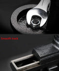 Portable Clamp On Table Vise With 360 Degree Rotation, Heavy Duty Bench Vise For Workbench Or Desktop, 3.2 Inch Jaw Opening, Edge Clamp Up To 2.9 Inch Thick, Perfect For DIY Woodworking And Metalworking Projects. Close-up of steel clamp nut and smooth track